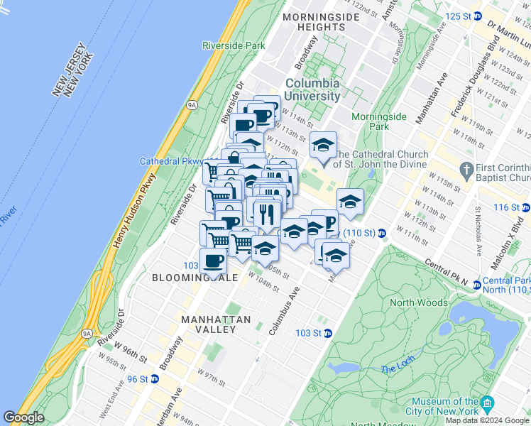 map of restaurants, bars, coffee shops, grocery stores, and more near 972c Amsterdam Avenue in New York