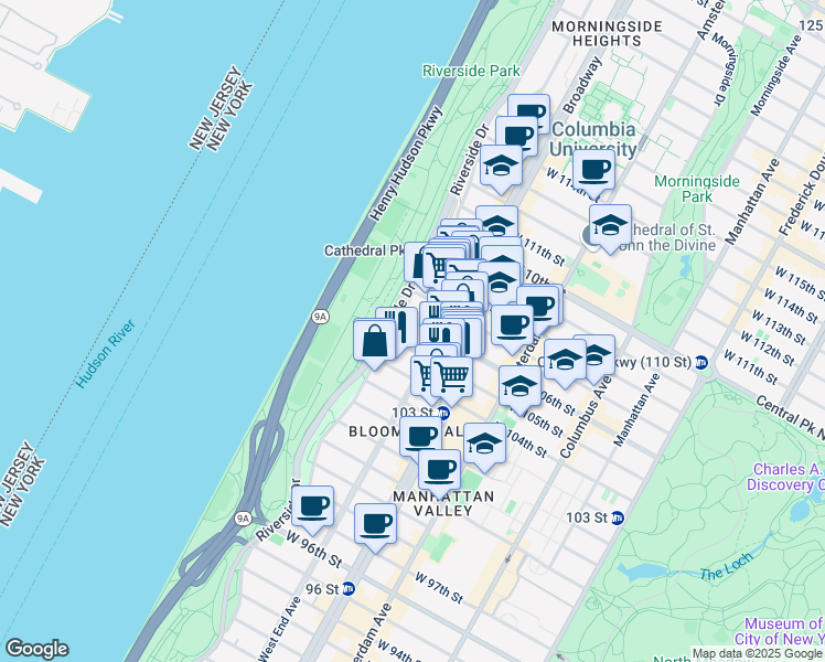 map of restaurants, bars, coffee shops, grocery stores, and more near 307 West 105th Street in New York
