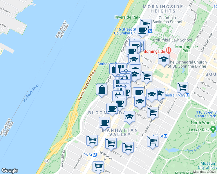 map of restaurants, bars, coffee shops, grocery stores, and more near 307 West 105th Street in New York