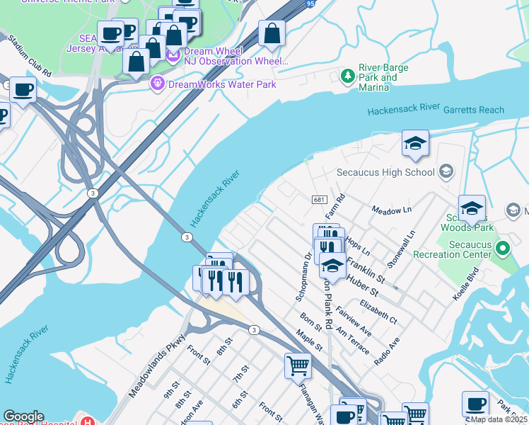 map of restaurants, bars, coffee shops, grocery stores, and more near 85 Osprey Court in Secaucus