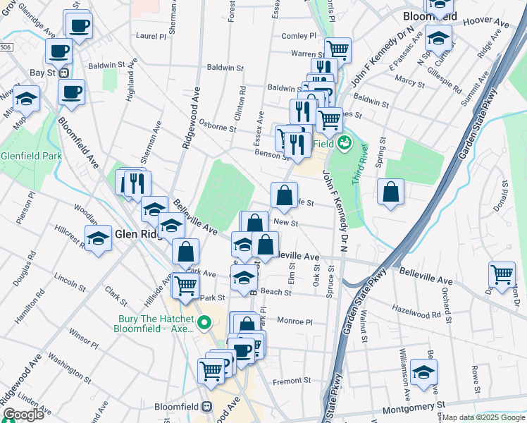 map of restaurants, bars, coffee shops, grocery stores, and more near 219 Broad Street in Bloomfield