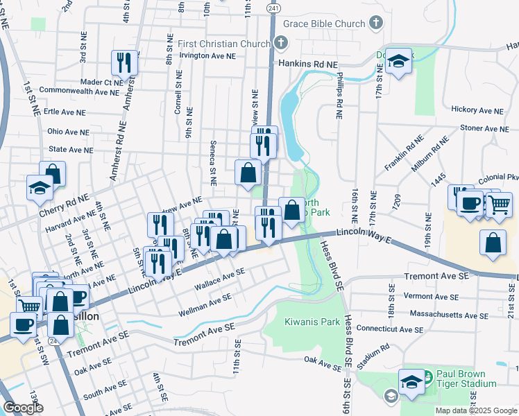 map of restaurants, bars, coffee shops, grocery stores, and more near 1136 North Avenue Northeast in Massillon