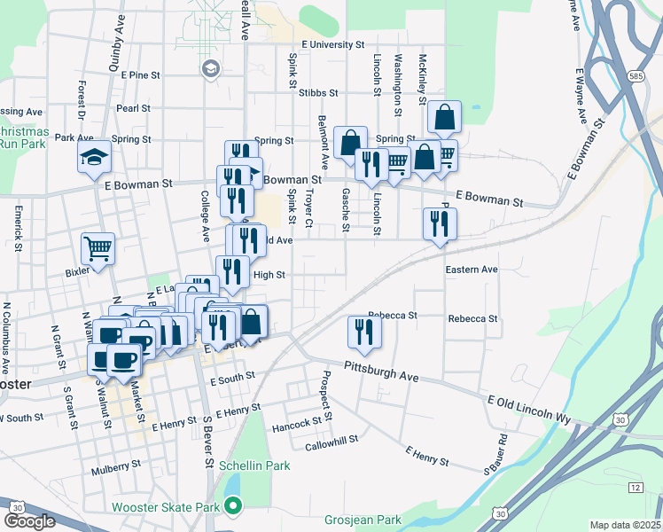 map of restaurants, bars, coffee shops, grocery stores, and more near 718 High Street in Wooster