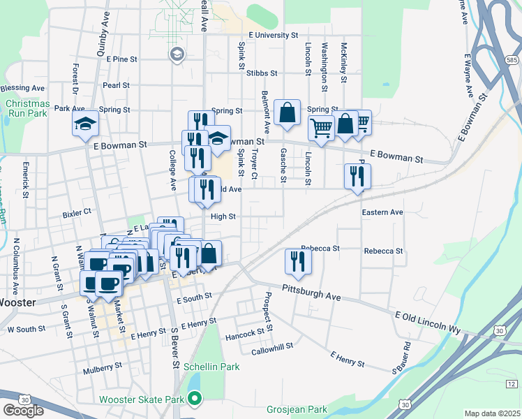 map of restaurants, bars, coffee shops, grocery stores, and more near 618 High Street in Wooster
