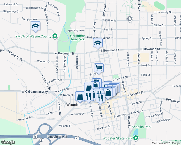 map of restaurants, bars, coffee shops, grocery stores, and more near 401 North Grant Street in Wooster