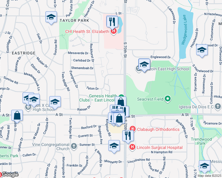 map of restaurants, bars, coffee shops, grocery stores, and more near 1230 Silver Ridge Road in Lincoln