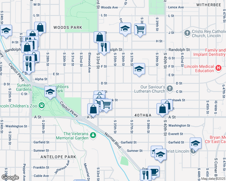 map of restaurants, bars, coffee shops, grocery stores, and more near 3445 C Street in Lincoln