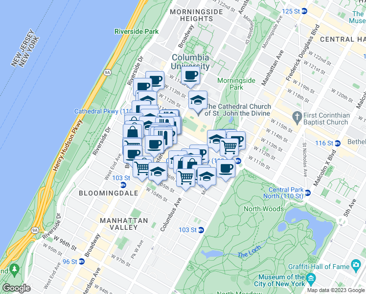 map of restaurants, bars, coffee shops, grocery stores, and more near 132 West 109th Street in New York