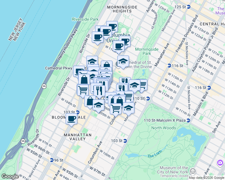 map of restaurants, bars, coffee shops, grocery stores, and more near 136 West 109th Street in New York