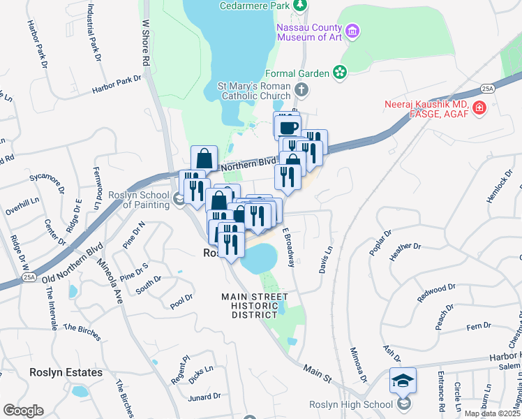 map of restaurants, bars, coffee shops, grocery stores, and more near 1391 Old Northern Boulevard in Roslyn