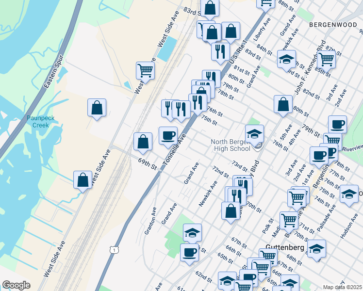 map of restaurants, bars, coffee shops, grocery stores, and more near 1704 71st Street in North Bergen