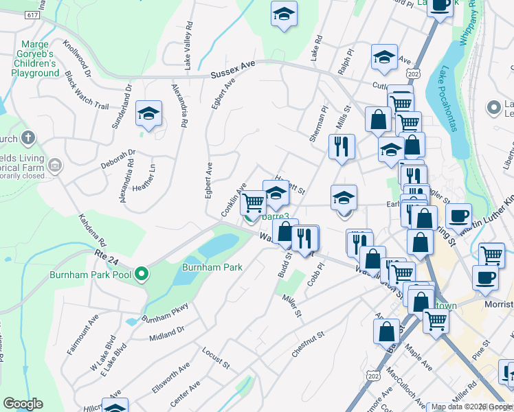 map of restaurants, bars, coffee shops, grocery stores, and more near 19 Colonial Road in Morristown