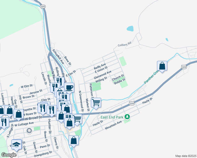 map of restaurants, bars, coffee shops, grocery stores, and more near 308 North Elizabeth Street in Tamaqua