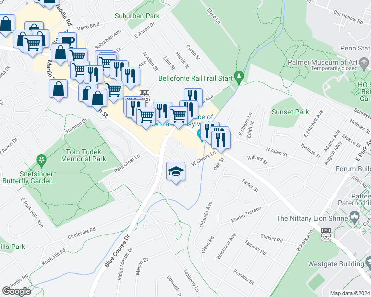 map of restaurants, bars, coffee shops, grocery stores, and more near 725 West Cherry Lane in State College