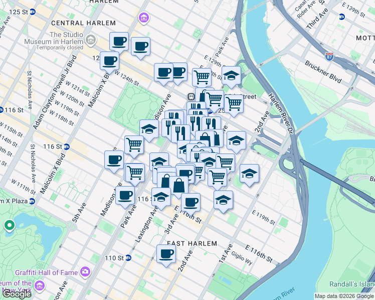 map of restaurants, bars, coffee shops, grocery stores, and more near Lexington Ave & E 121st St in New York