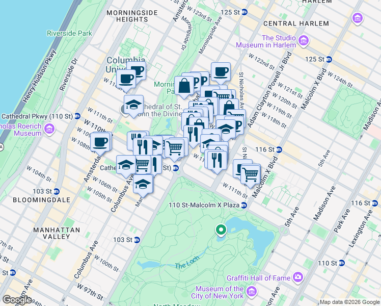 map of restaurants, bars, coffee shops, grocery stores, and more near 292 West 112th Street in New York