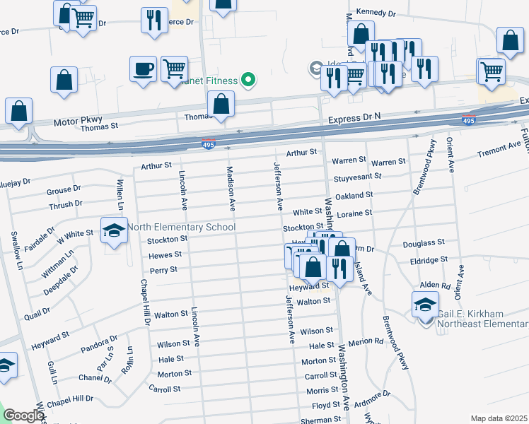 map of restaurants, bars, coffee shops, grocery stores, and more near 39 White Street in Brentwood