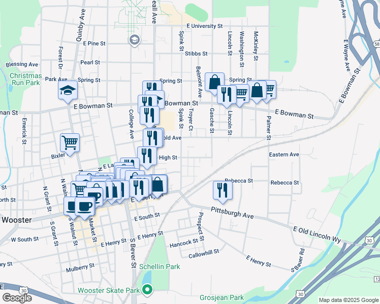 map of restaurants, bars, coffee shops, grocery stores, and more near 618 High Street in Wooster