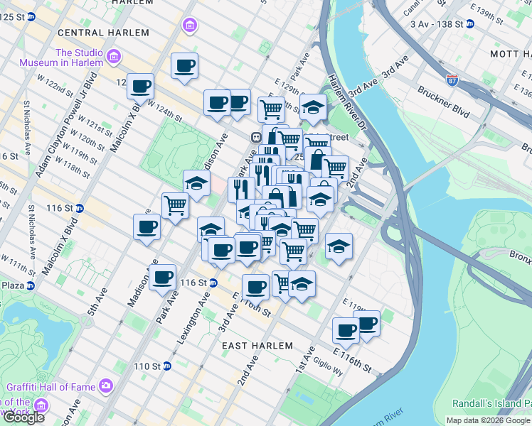 map of restaurants, bars, coffee shops, grocery stores, and more near 2230 3rd Avenue in New York
