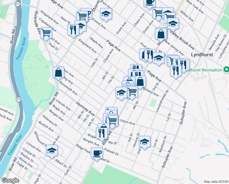 map of restaurants, bars, coffee shops, grocery stores, and more near 705 5th Street in Lyndhurst