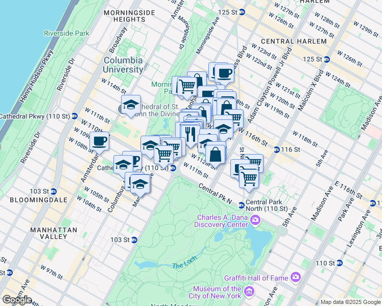 map of restaurants, bars, coffee shops, grocery stores, and more near 297 West 112th Street in New York