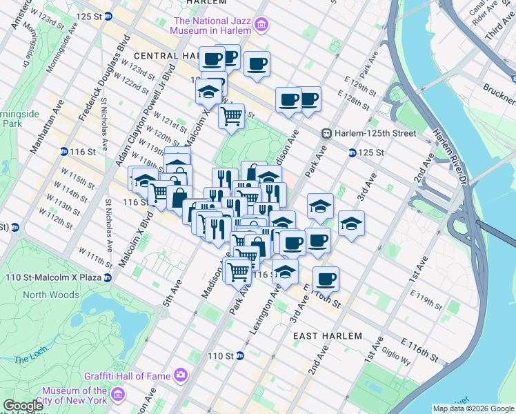 map of restaurants, bars, coffee shops, grocery stores, and more near 1831 Madison Avenue in New York