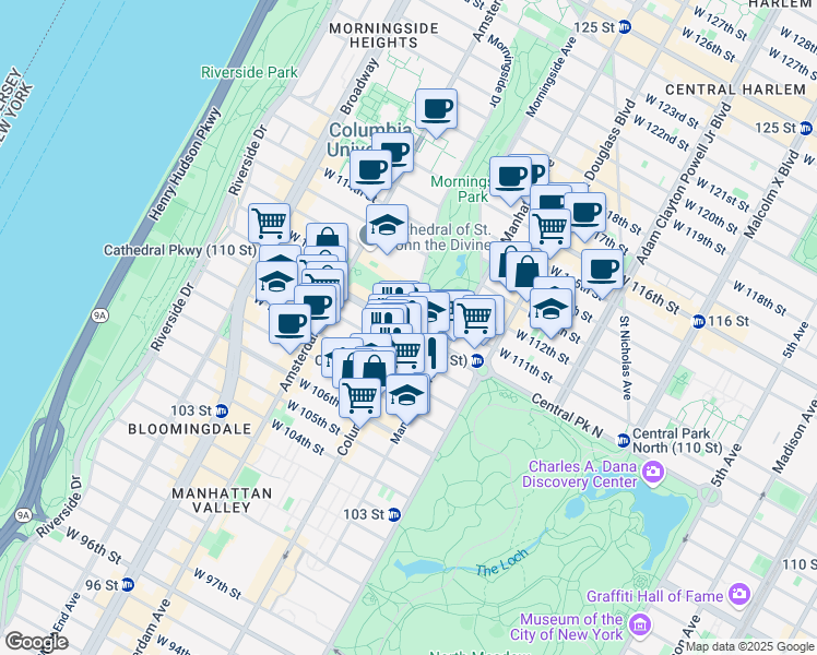 map of restaurants, bars, coffee shops, grocery stores, and more near West 110th Street & Morningside Drive in New York