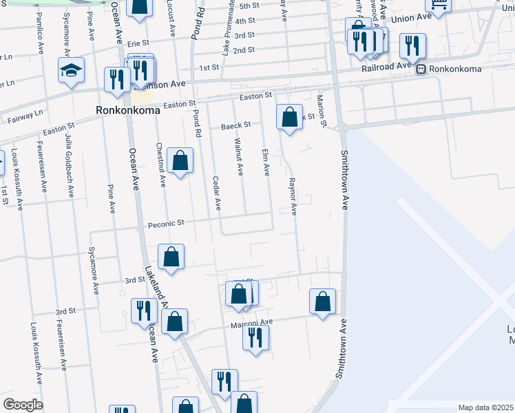 map of restaurants, bars, coffee shops, grocery stores, and more near 921 Peconic Street in Ronkonkoma