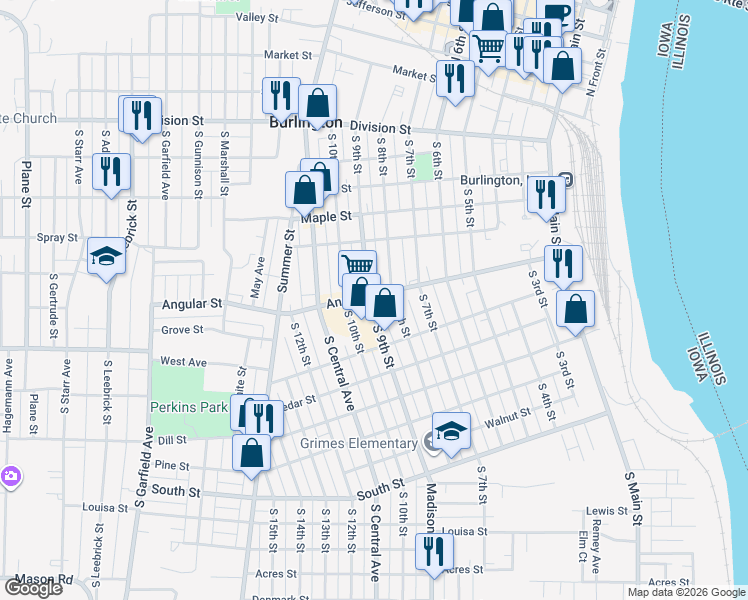 map of restaurants, bars, coffee shops, grocery stores, and more near 600 South 9th Street in Burlington