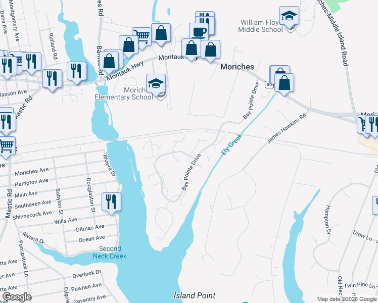 map of restaurants, bars, coffee shops, grocery stores, and more near 510 Highland Court in Moriches