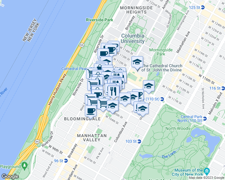 map of restaurants, bars, coffee shops, grocery stores, and more near 204 West 108th Street in New York