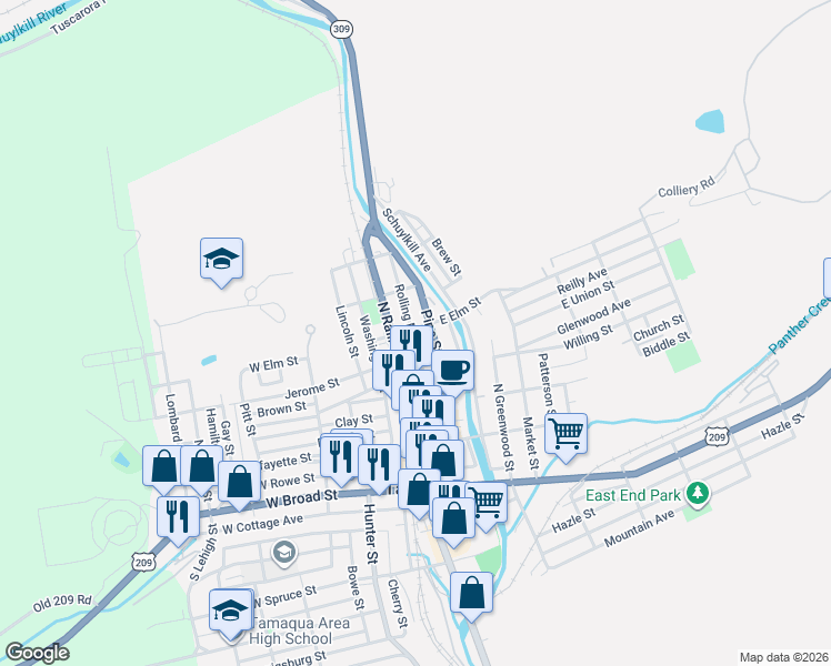map of restaurants, bars, coffee shops, grocery stores, and more near 318 Pine Street in Tamaqua