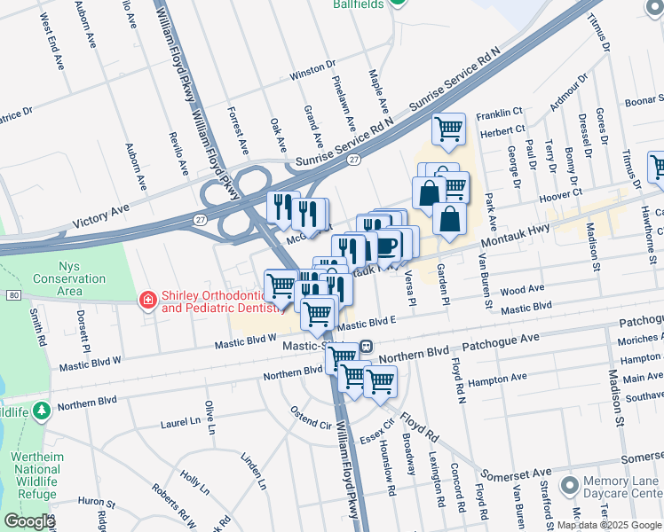 map of restaurants, bars, coffee shops, grocery stores, and more near 861 Montauk Highway in Shirley