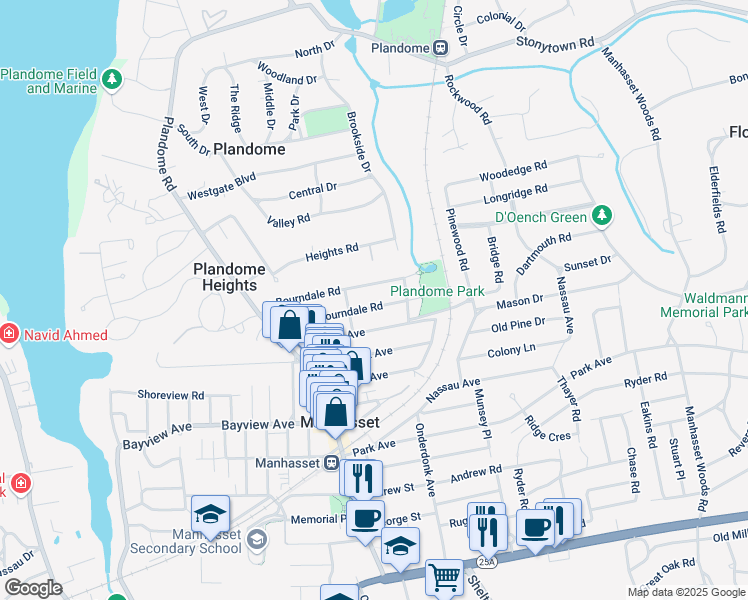 map of restaurants, bars, coffee shops, grocery stores, and more near 90 South Bourndale Road in Manhasset