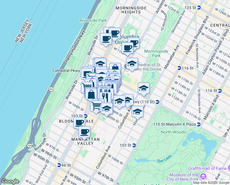 map of restaurants, bars, coffee shops, grocery stores, and more near 985 Amsterdam Avenue in New York