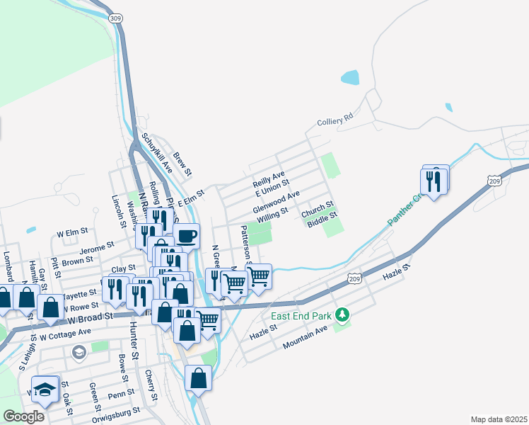map of restaurants, bars, coffee shops, grocery stores, and more near 310 North Elizabeth Street in Tamaqua
