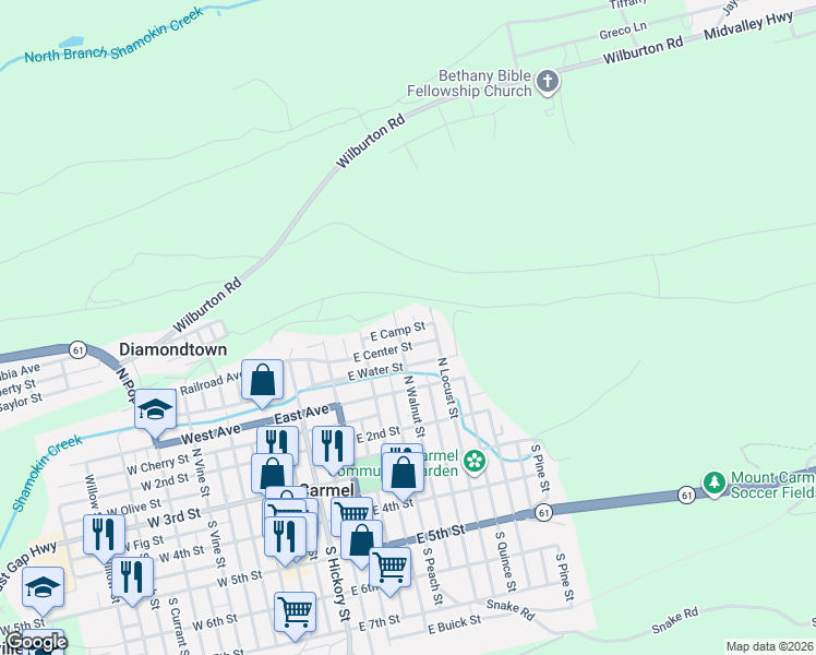 map of restaurants, bars, coffee shops, grocery stores, and more near 353-399 North Walnut Street in Mount Carmel