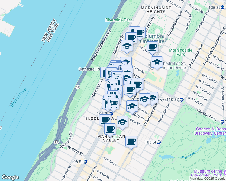 map of restaurants, bars, coffee shops, grocery stores, and more near 2765 Broadway in New York