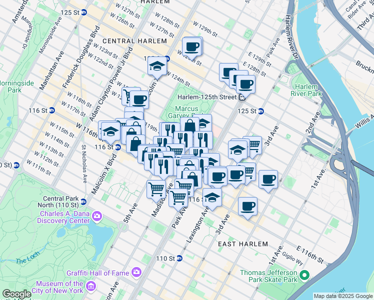 map of restaurants, bars, coffee shops, grocery stores, and more near 1824 Madison Avenue in New York