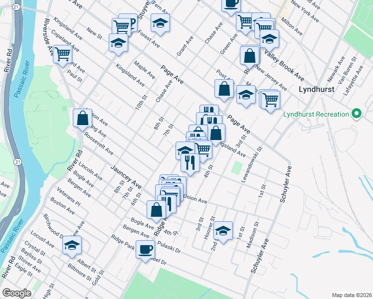 map of restaurants, bars, coffee shops, grocery stores, and more near 705 5th Street in Lyndhurst