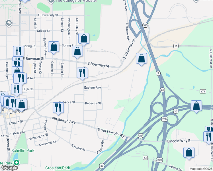 map of restaurants, bars, coffee shops, grocery stores, and more near 1241 Eastern Avenue in Wooster