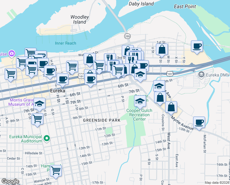 map of restaurants, bars, coffee shops, grocery stores, and more near 631 O Street in Eureka