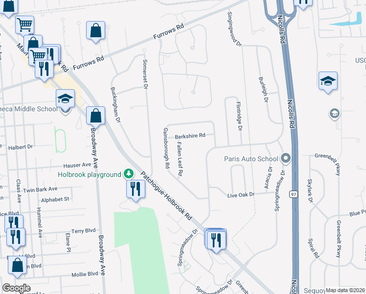 map of restaurants, bars, coffee shops, grocery stores, and more near 34 Fallen Leaf Road in Holbrook