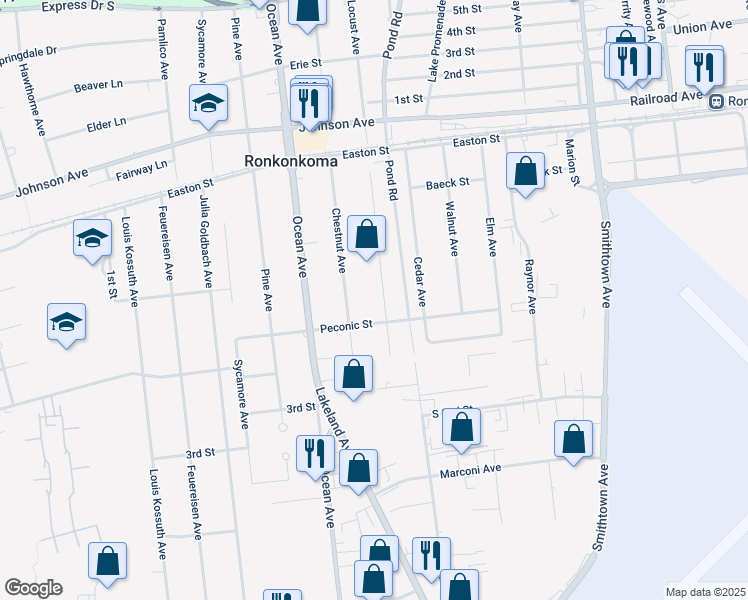 map of restaurants, bars, coffee shops, grocery stores, and more near 829 Peconic Street in Ronkonkoma