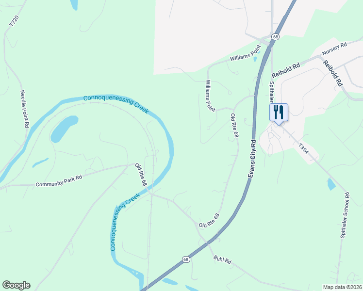 map of restaurants, bars, coffee shops, grocery stores, and more near 111 Hillvue Lane in Evans City