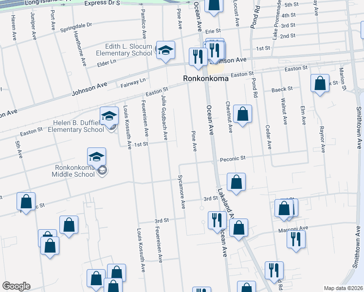 map of restaurants, bars, coffee shops, grocery stores, and more near 2281 Sycamore Avenue in Lake Ronkonkoma