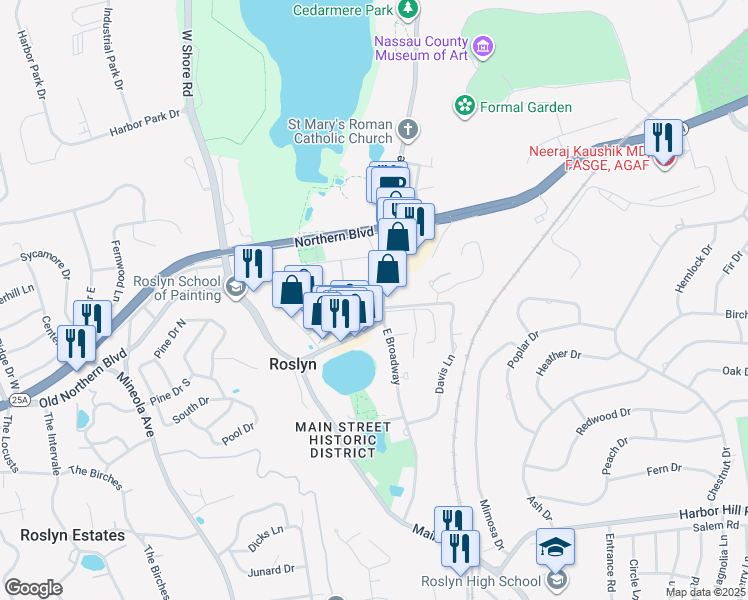 map of restaurants, bars, coffee shops, grocery stores, and more near in Roslyn