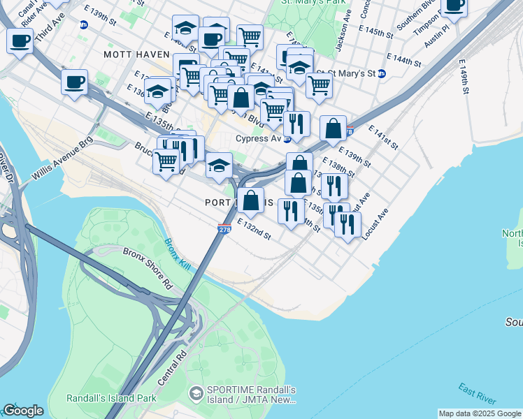 map of restaurants, bars, coffee shops, grocery stores, and more near 704 East 133rd Street in The Bronx