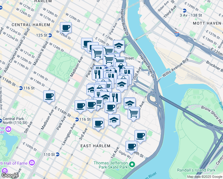 map of restaurants, bars, coffee shops, grocery stores, and more near 221 1/2 East 122nd Street in New York