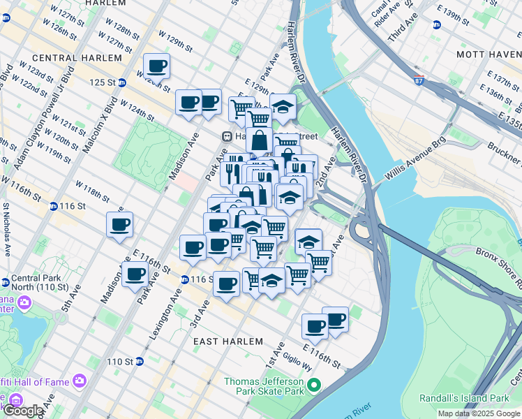 map of restaurants, bars, coffee shops, grocery stores, and more near 221 1/2 East 122nd Street in New York